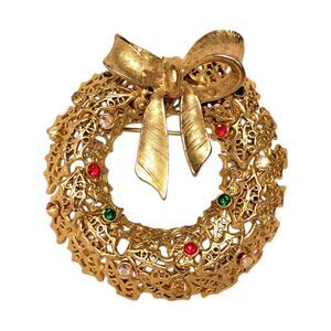 Vintage Tancer II Christmas Wreath Brooch Golden Tone Multicolor Rhinestones
